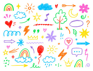 Hand drawn crayon child pencil style icon set. Cute rainbow, heart, crown, flower and sun in colorful kid doodle style. Chalk texture, cloud, smile, star and sketch figure for play or school design