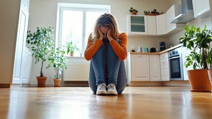 A young woman sitting alone in an empty room, hugging her knees with a sorrowful expression.