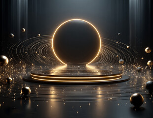 A futuristic stage design featuring a central golden circular podium with a large, glowing gold circle behind it. Surround the scene with multiple concentric golden rings arranged like orbits