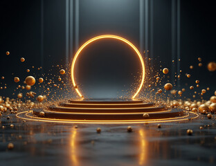 A futuristic stage design featuring a central golden circular podium with a large, glowing gold circle behind it. Surround the scene with multiple concentric golden rings arranged like orbits
