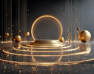 A futuristic stage design featuring a central golden circular podium with a large, glowing gold circle behind it. Surround the scene with multiple concentric golden rings arranged like orbits