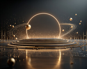 A futuristic stage design featuring a central golden circular podium with a large, glowing gold circle behind it. Surround the scene with multiple concentric golden rings arranged like orbits
