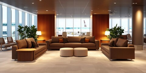 Inviting airport lounge with warm and welcoming atmosphere.