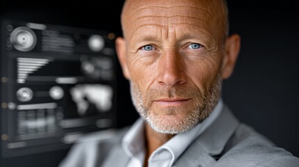 Focused Insight: A distinguished, mature professional exudes confidence against a backdrop of data visualization, embodying experience and expertise.