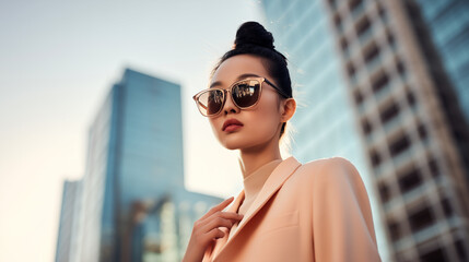 Asian woman wearing sunglasses and a stylish blazer confidently poses in an urban environment. The modern skyscrapers create a backdrop, showcasing her fashionable look. Image made using Generative AI