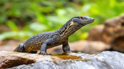 Fototapeta premium Lizard on rock near waterfall