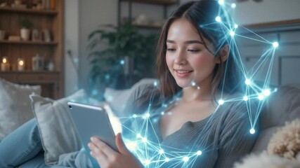 Young woman using tablet with digital network overlay at home on cozy couch - Powered by Adobe