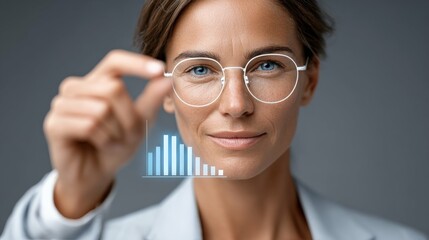 Visionary Insights: A focused woman wearing stylish glasses, interacting with a futuristic chart overlay, symbolizing data analysis, smart technology, and visionary thinking.