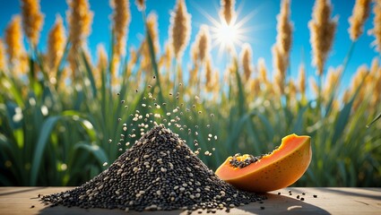 Chia Seed and Papaya Fruit Display on Wood with Field Background
