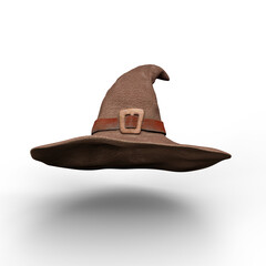 Brown Witch Hat with Buckle on White Background Isolated. 3D Illustration. File with Clipping Path