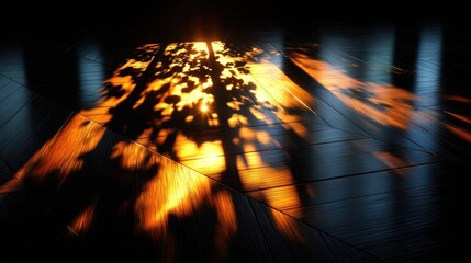 Sunlight casts a dramatic shadow of a tree on a dark wooden floor