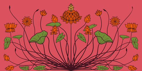 Lotus floral pattern with colorful flowers, ideal for decorative design projects, arts and design use.
