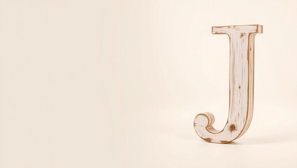 Capital Wooden Letter J with Curved Bottom Made from Whitewashed Wood – Minimalist Rustic Alphabet Design with Soft Shadows and Empty Space for Mockup, Typography, or Decor Use