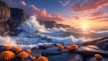 Fototapeta premium Ocean Wave Crashing on Rocky Coastline at Sunset with Orange Flora