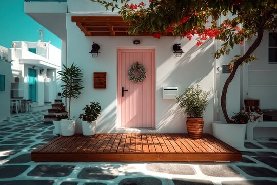 Fototapeta Charming whitewashed home exterior with pink door