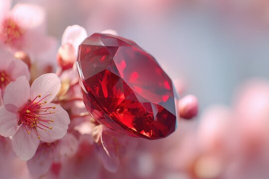 A brilliant ruby nestled among delicate cherry blossoms.