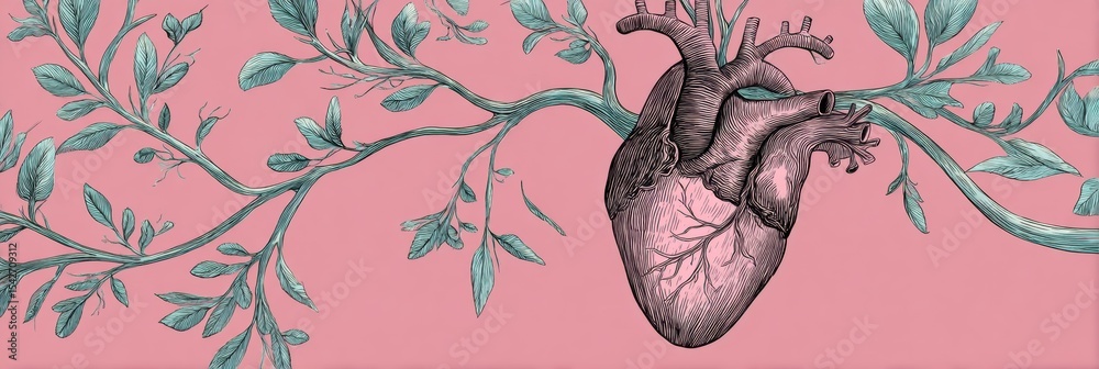Poster heart illustration with flowing branches conveying emotions and nature connection