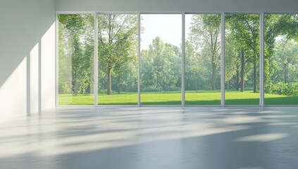 Empty modern room with large windows overlooking a park (1)