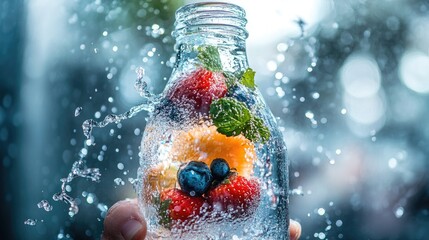 Fruit-Infused Water Bottle in a Snowy or Misty Setting