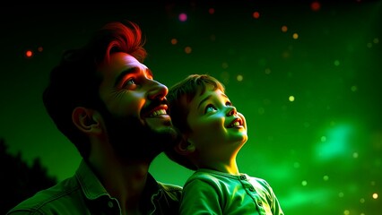 An adult and child stand under a glowing green-yellow aurora, surrounded by stars and cosmic light in a peaceful, awe-inspiring night sky scene