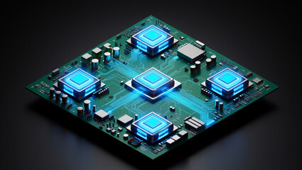 Advanced technology circuit board with glowing processors