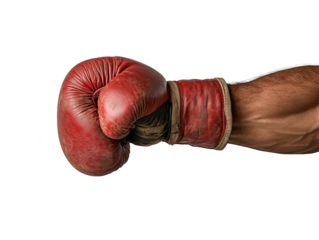 Red worn boxing glove on arm isolated on transparent background