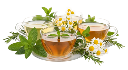 A close up of four cups of tea with fresh mint leaves and chamomile flowers on a white surface