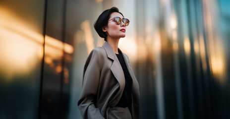 Modern Asian businesswoman in a stylish suit and reflective sunglasses posing against a glass building at sunset, showcasing elegance and confidence. Image made using Generative AI.