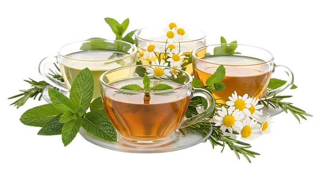 A close up of four cups of tea with fresh mint leaves and chamomile flowers on a white surface