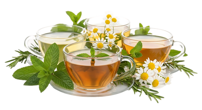 A close up of four cups of tea with fresh mint leaves and chamomile flowers on a white surface