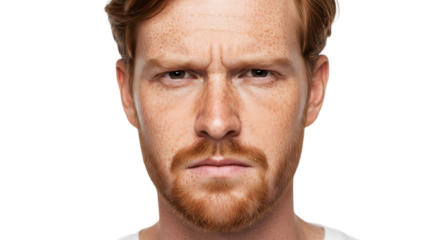 Close up portrait of a man with red hair and beard looking stern with furrowed brow against black background