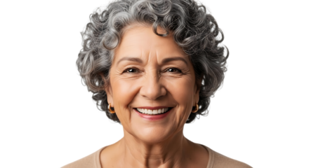 A portrait of a smiling older woman with gray curly hair and a neutral top against a black background