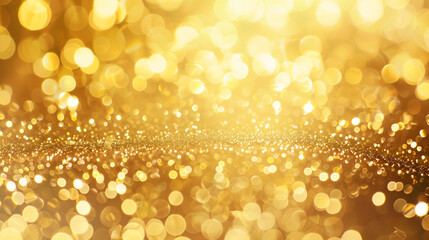 Golden light shine particles bokeh on black background. Holiday concept.