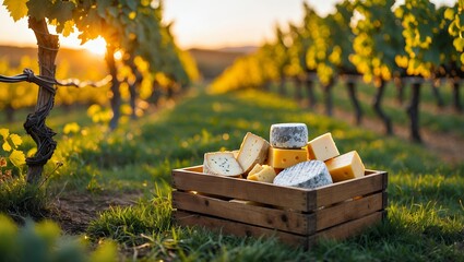 Fototapeta premium Cheese Assortment in Wooden Crate at Vineyard during Golden Hour