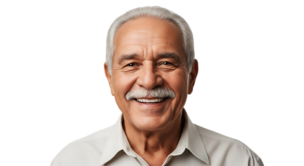 A portrait of a smiling older man with a mustache wearing a light colored shirt on a black background