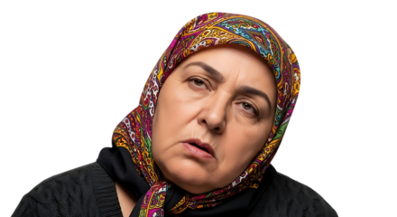 A woman with a patterned headscarf and a black top looking slightly downward on a black background