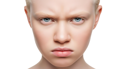 Close up of a fair skinned person with light blue eyes and furrowed brows against a black background