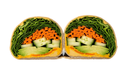 A close up shot of a veggie wrap cut in half showing lettuce carrots cucumbers and avocado filling inside