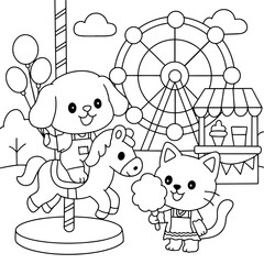 Dog and cat cute playing coloring page.eps