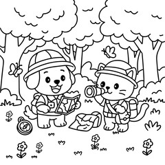 Dog and cat cute walking in the forest coloring page.eps