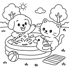 Dog and cat, cute, playing in the water, coloring.eps