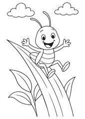 Coloring book grasshopper happily sliding down a giant blade of grass