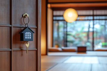 A key with a house-shaped fob hanging on a door handle in a modern home interior, a real estate concept, close-up. High-quality photo. Blurred background concept