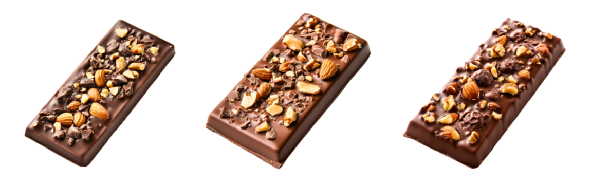 Set of rich chocolate bars with visible caramel and nut layers in close-up isolated on a white or transparent background