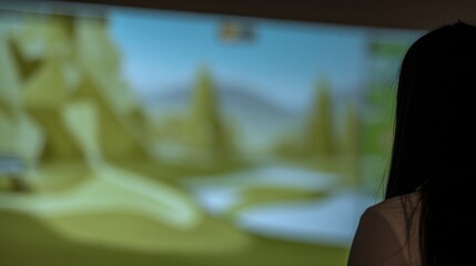 Person viewing a blurry projected image of figures in a landscape