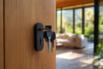 A key with a house-shaped fob hanging on a door handle in a modern home interior, a real estate concept, close-up. High-quality photo. Blurred background concept