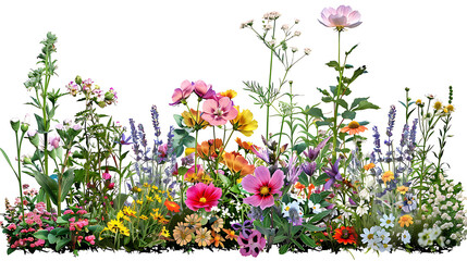 Assorted wildflowers in full bloom isolated on white background create a vibrant and colorful display of natures beauty during the spring and summer seasons