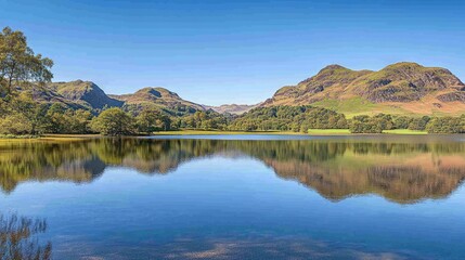Scenic lake nestled amidst a range of tranquil mountains.
