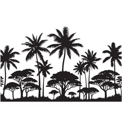 Tropical Rainforest Panorama Silhouette with Exotic Palm and Acacia Trees