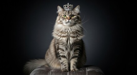 Regal Cat Portrait Majestic Maine Coon with Crown, Elegant Pet Photography